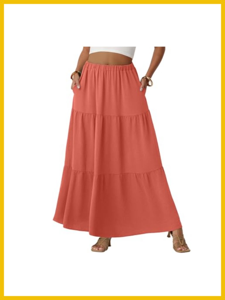 Women Tiered Maxi Skirt High Waist Flowy With Pockets